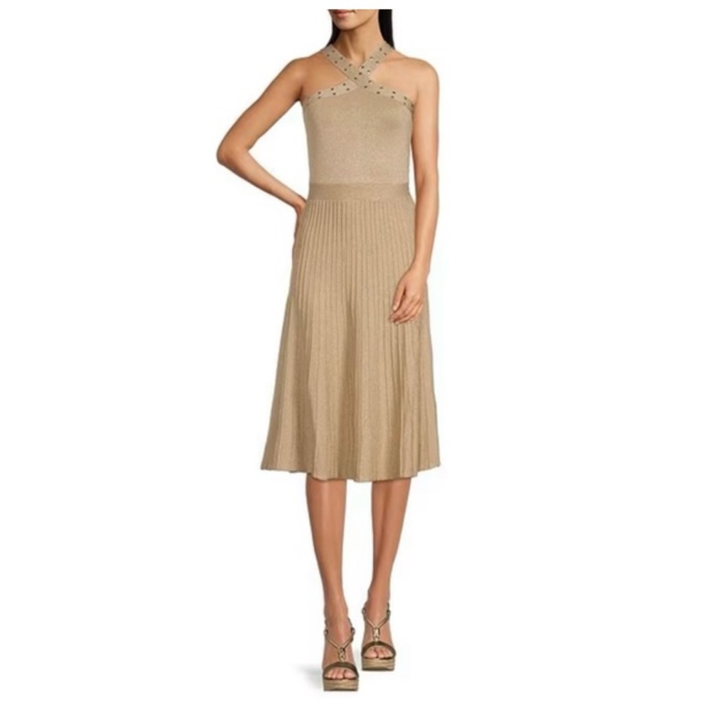 Michael Kors metalic knit metallic knit dress with embellished crossover straps.